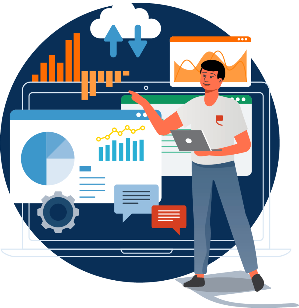 guide standing in front of laptop pointing at charts and graphs
