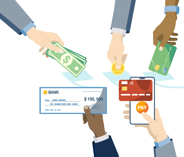 hands holding different payment types like money, bitcoin, credit card, mobile pay